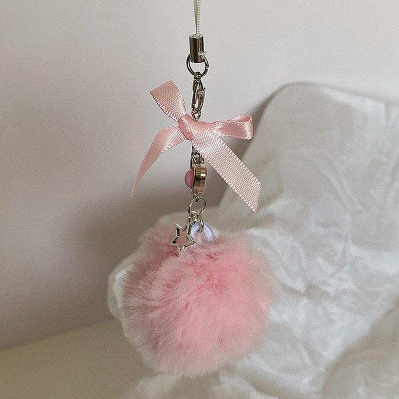 Fashionable Fur Ball Mobile Phone Chain With Bow, Cute And Sweet Pendant Keychain