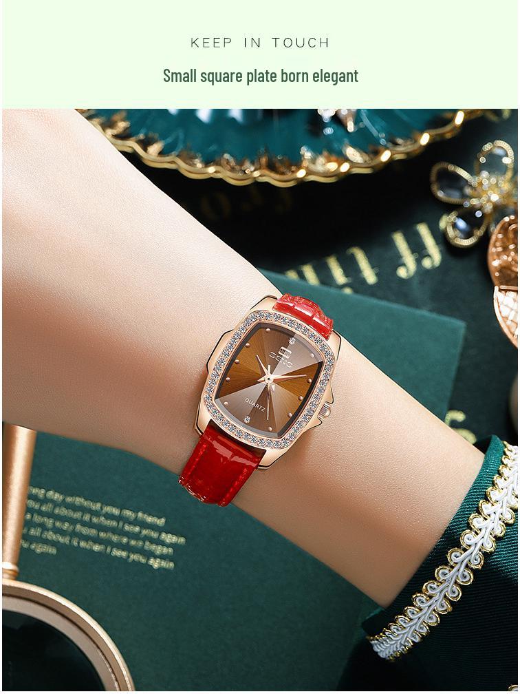 Женские часы SENO Retro Square Diamond с кожаным ремешком - Простой дизайн с кварцевым механизмом и бриллиантами.