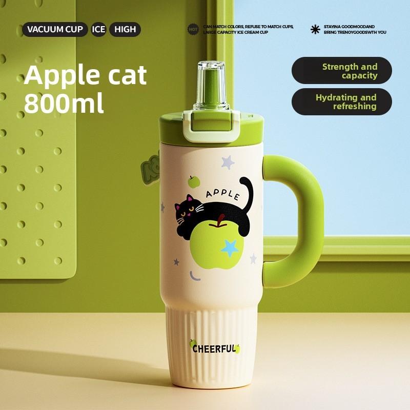 Cute Cat Pattern Stainless Steel Thermos Flask For Girls With Large Capacity And Leakproof Lid