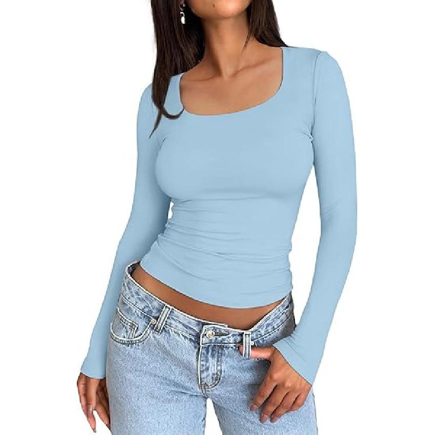 Трансграничная женская футболка 2025 Весна Новая с U-образным вырезом Пуловер с длинным рукавом Приталенная Базовая женская футболка