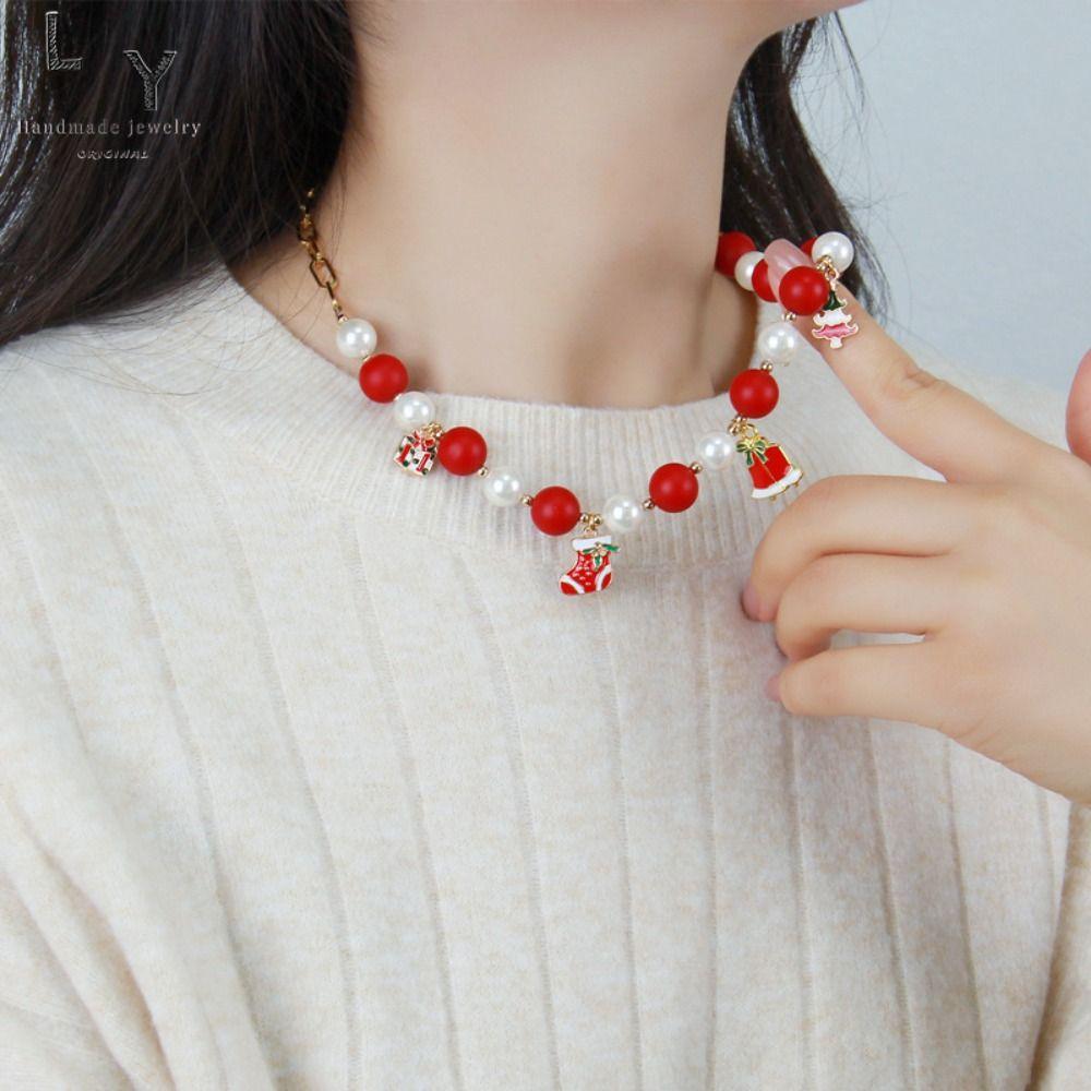 Мультяшное Рождественское Ожерелье Цепочка на Ключицу Мультяшный Кулон Чокер Универсальная Жемчужная Цепочка Фестиваль