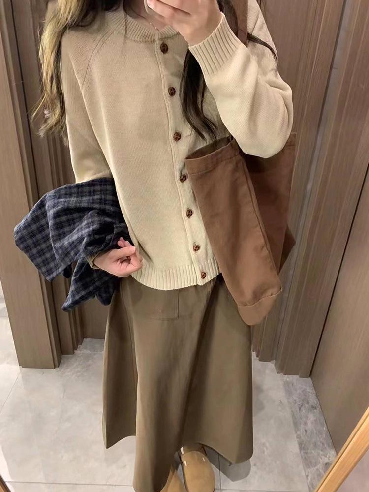 Японский ретро-клетчатый жилет в стиле мори-гёрл, абрикосовый кардиган и миди-юбка в комплекте для студенток