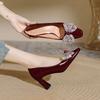 Square Head High Heels Women's Bow Rhinestone Red Wedding Shoes Bride Shoes 2025 New Spring and Autumn French Thick Heel Single Shoes