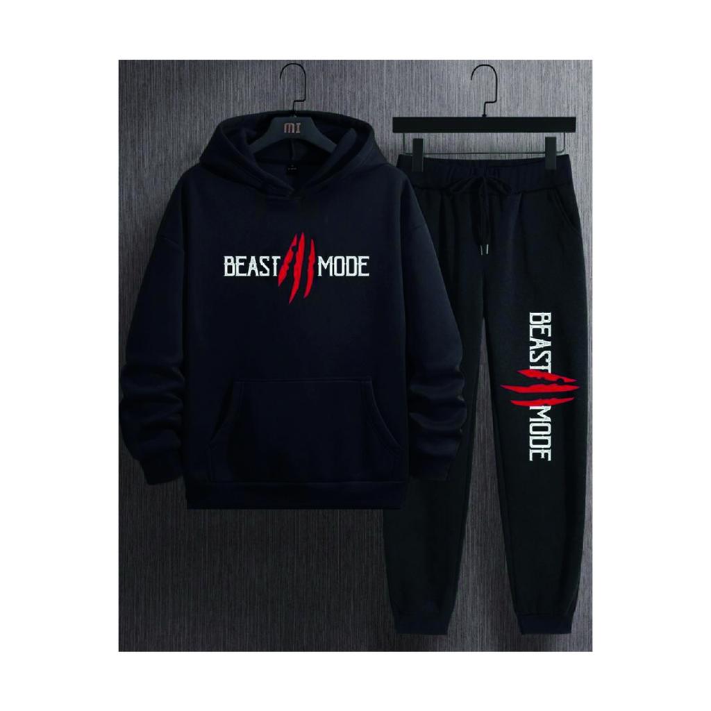 Черный мужской базовый эластичный спортивный костюм с капюшоном и принтом зверя, черный мужской комплект из хлопка с принтом