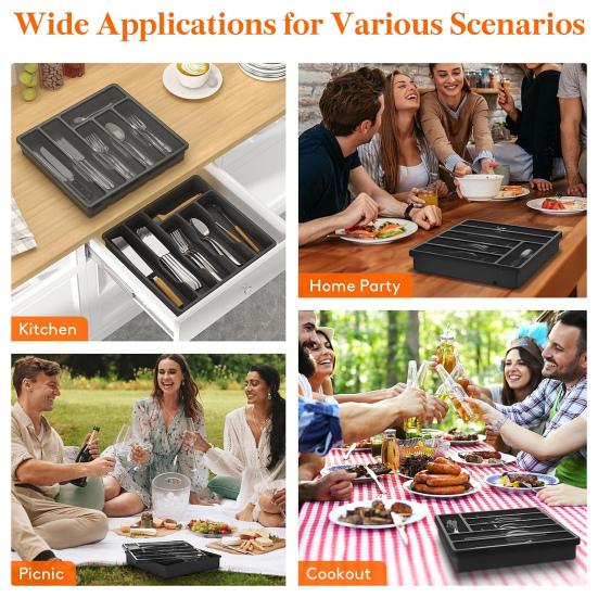 Cutlery Storage Box with Lid 6 Compartments Plastic Organizer for Kitchen Drawer And Countertop BPA-Free Tableware Holder Case for Spoons Forks