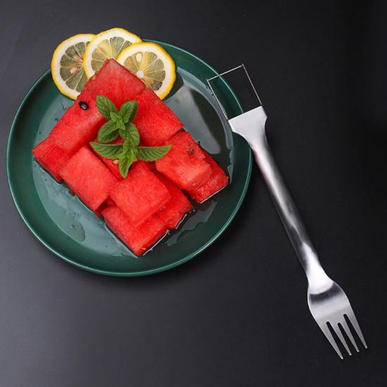 Stainless Steel Fruit Fork Cutter Watermelon Dual Slicer Tool with 2-In-1 Head Fork Lightweight