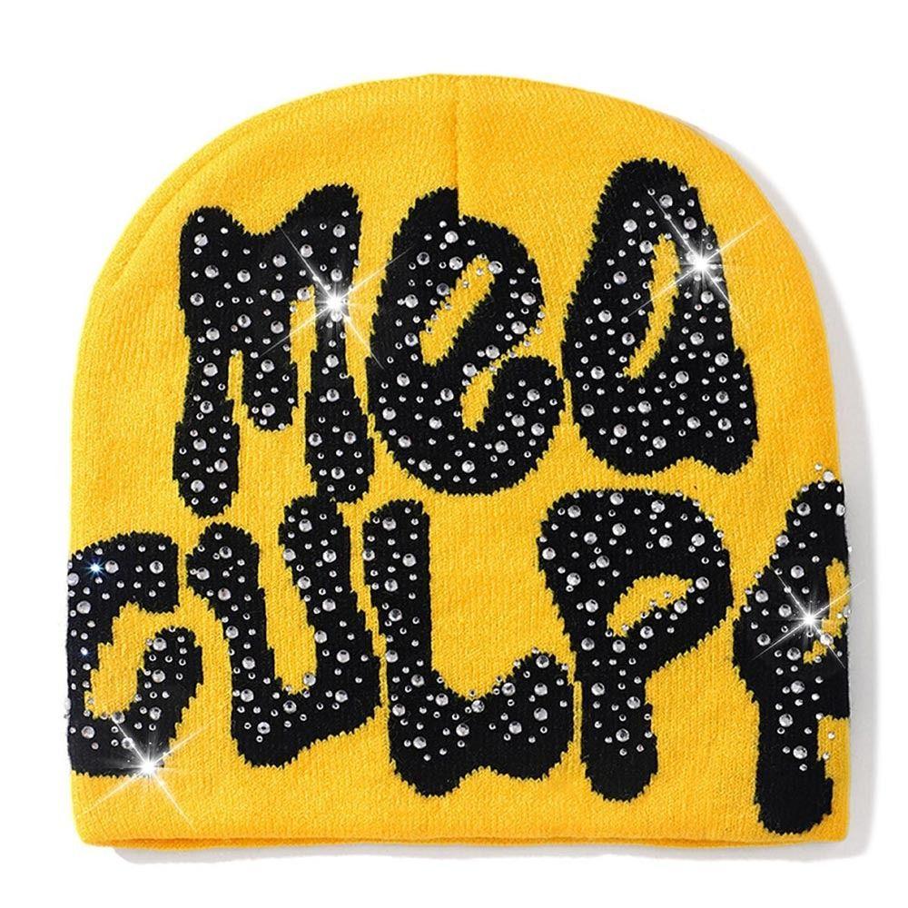 Trendy Stretch MEA Culpa Beanies Hat with Rhinestone Warm Soft y2k Beanies Hats Knitted Hip-hop Hat for Women Men