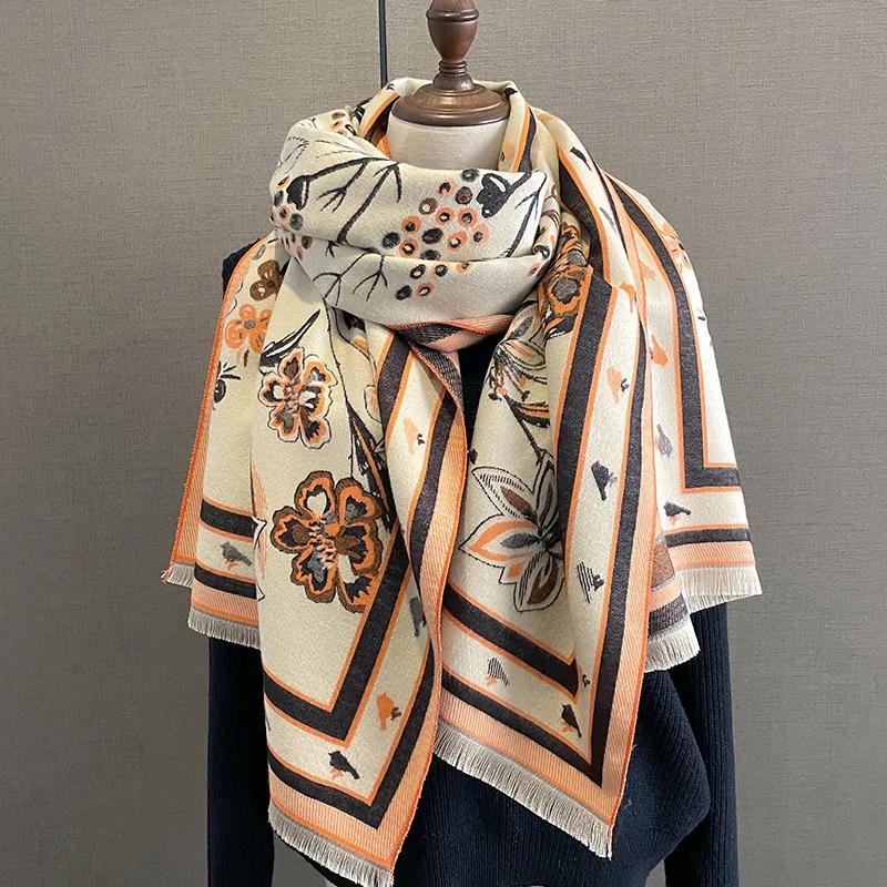 2024 Роскошный дорожный пончо теплый кашемировый шарф женский толстое одеяло зимняя шаль буфанда с принтом новые накидки пашмина женские палантины