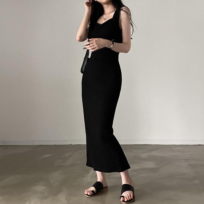 CIBBAR базовое вязаное длинное платье корейской моды с квадратным воротником без рукавов женские платья летние повседневные Y2k винтажные универсальные наряды