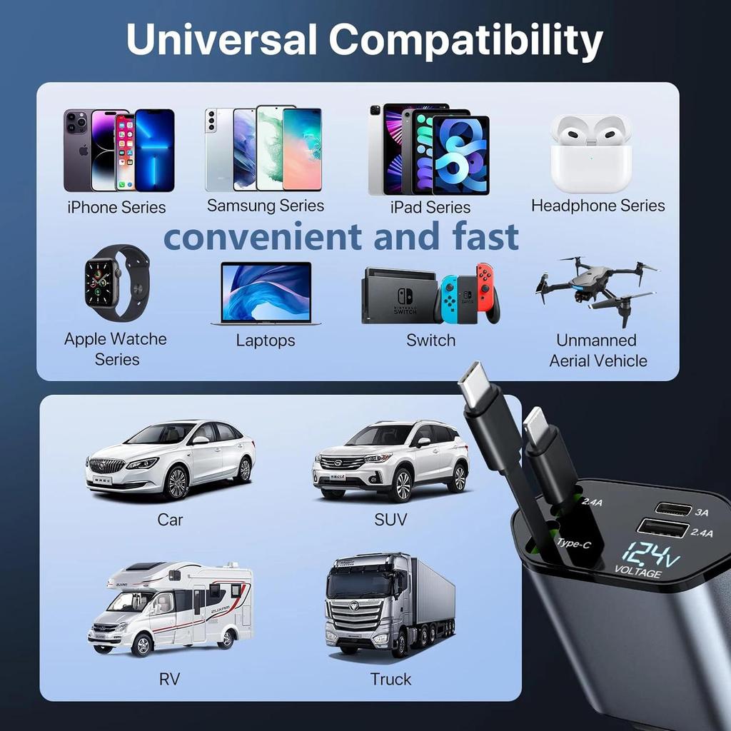 Retractable Car Charger 2 Ports USB Type C Fast Car Charger for iPhone 16 15 14 13 12 Pro Max Samsung