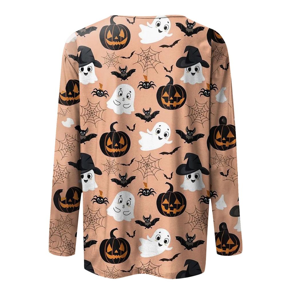 Women's Fashion Casual Long Sleeve Striped Halloween Printed Round Neck Top