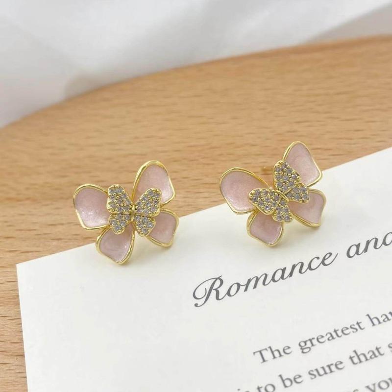 Pink drop glaze butterfly stud earrings female sweet small delicate three-dimensional micro-inlaid butterfly earrings light luxury versatile earrings
