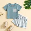2pcs Toddler Baby Boy Short Sleeve T-Shirts Tops + Striped Shorts Set Kids Casual Summer Outfits