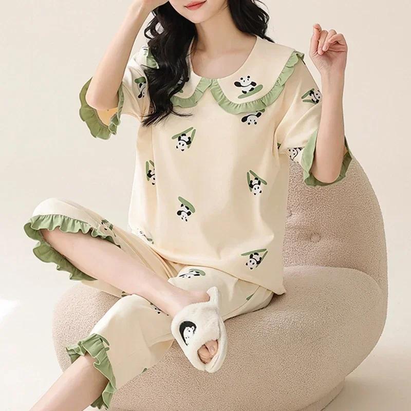 Летние пижамы-капри для женщин, повседневные пижамные комплекты с мультяшными лацканами, милая пижама для девочек из мягкого хлопка