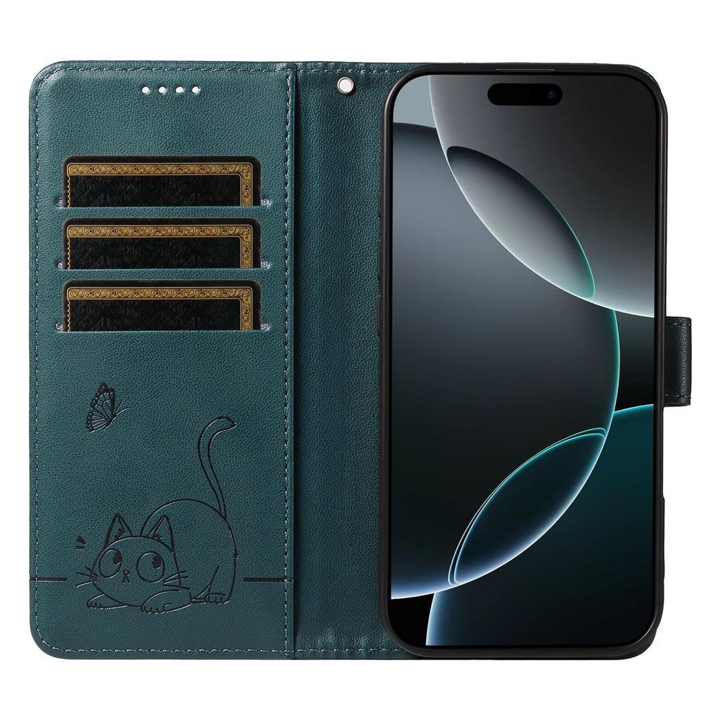 Leather Wallet Flip Case For OPPO Reno 15 Pro Max mini 15F 14 14F 13 13F 12 12F 11 11F 10 Cat and Butterfly Embossed,Wrist Strap