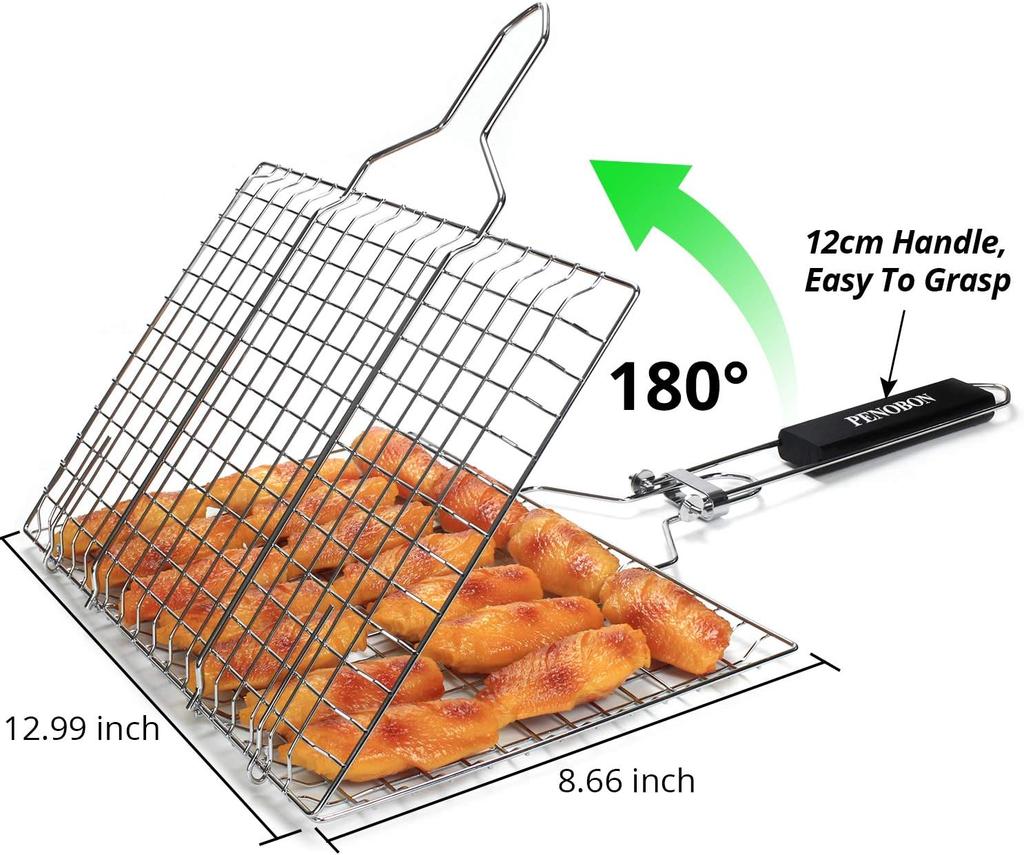 Fish Grilling Basket Folding Portable Stainless Steel BBQ Grill Basket for Fish Vegetables Shrimp with Removable Handle Come with Basting Brush