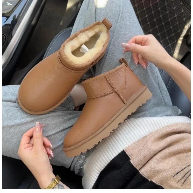 Fashion Waterproof Smooth Leather Snow Boots, High-quality Pure Wool Warm Women's Boots, High Top Low Top Flat Bottom Women's Boots