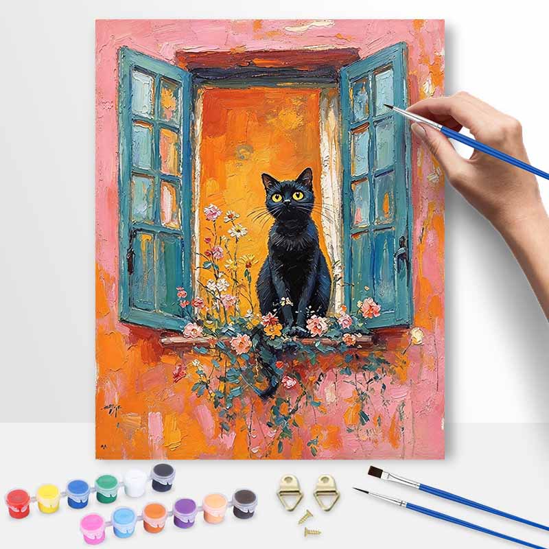 Oil painting DIY digital painting handpainted black cat flowers window living room hallway decorative wall hanging