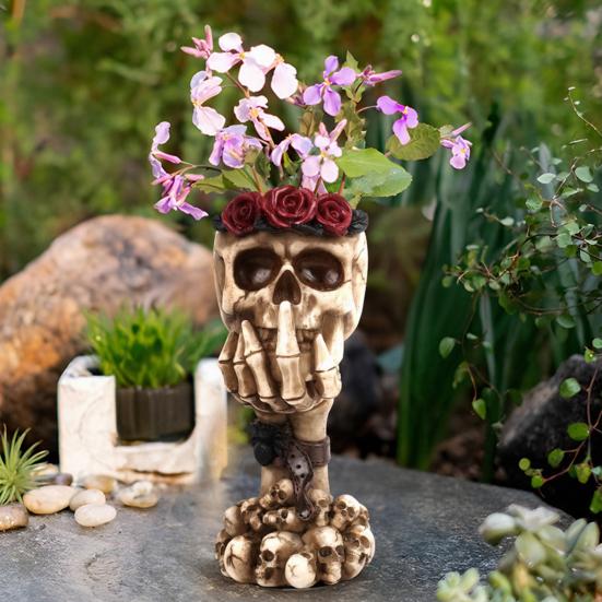 yangyizhi Hear No Evil, Speak See Evil Skull Vase, Resin Ornament with Rose Decor, Halloween Gothic Skeleton Display for Shelf Desk Altar, Horror