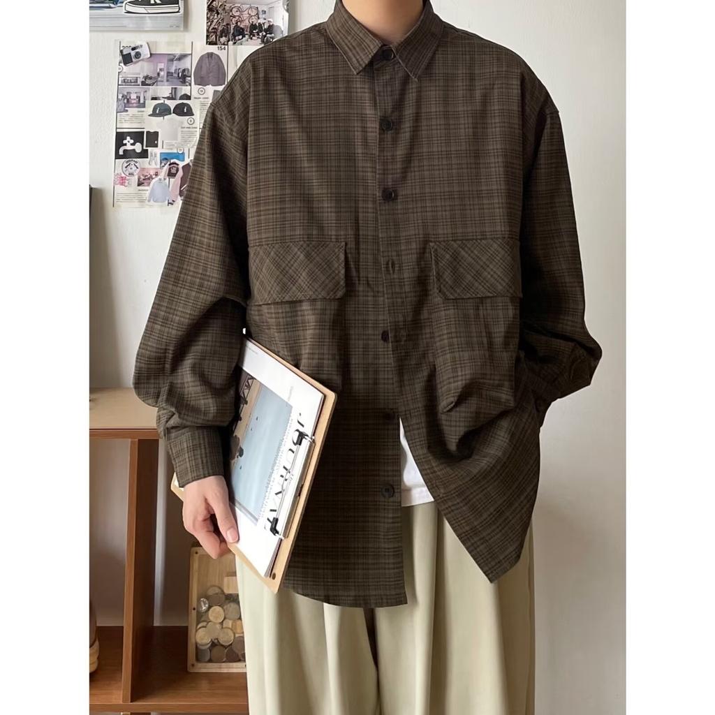 Японская рубашка с длинными рукавами в клетку с большим карманом на весну и осень, модный бренд, свободная пара, контрастный цвет, уличная рубашка, пальто для мужчин