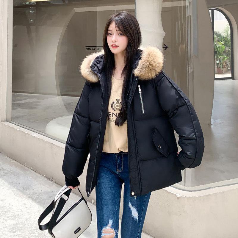 New Autumn and Winter Women's Fashion Short Coat Cotton Oversize Hooded Jacket Warm Cotton Fur Collar Hoodie Down Jacket