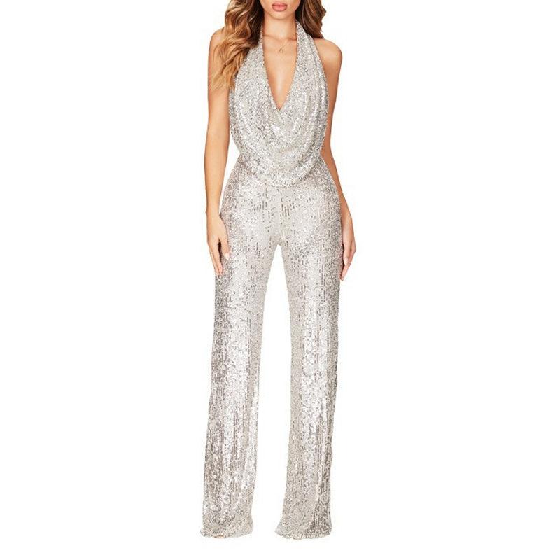 Fashion New 2025 Summer Jumpsuit Women's Sleeveless Neck Sequined Jumpsuit Women