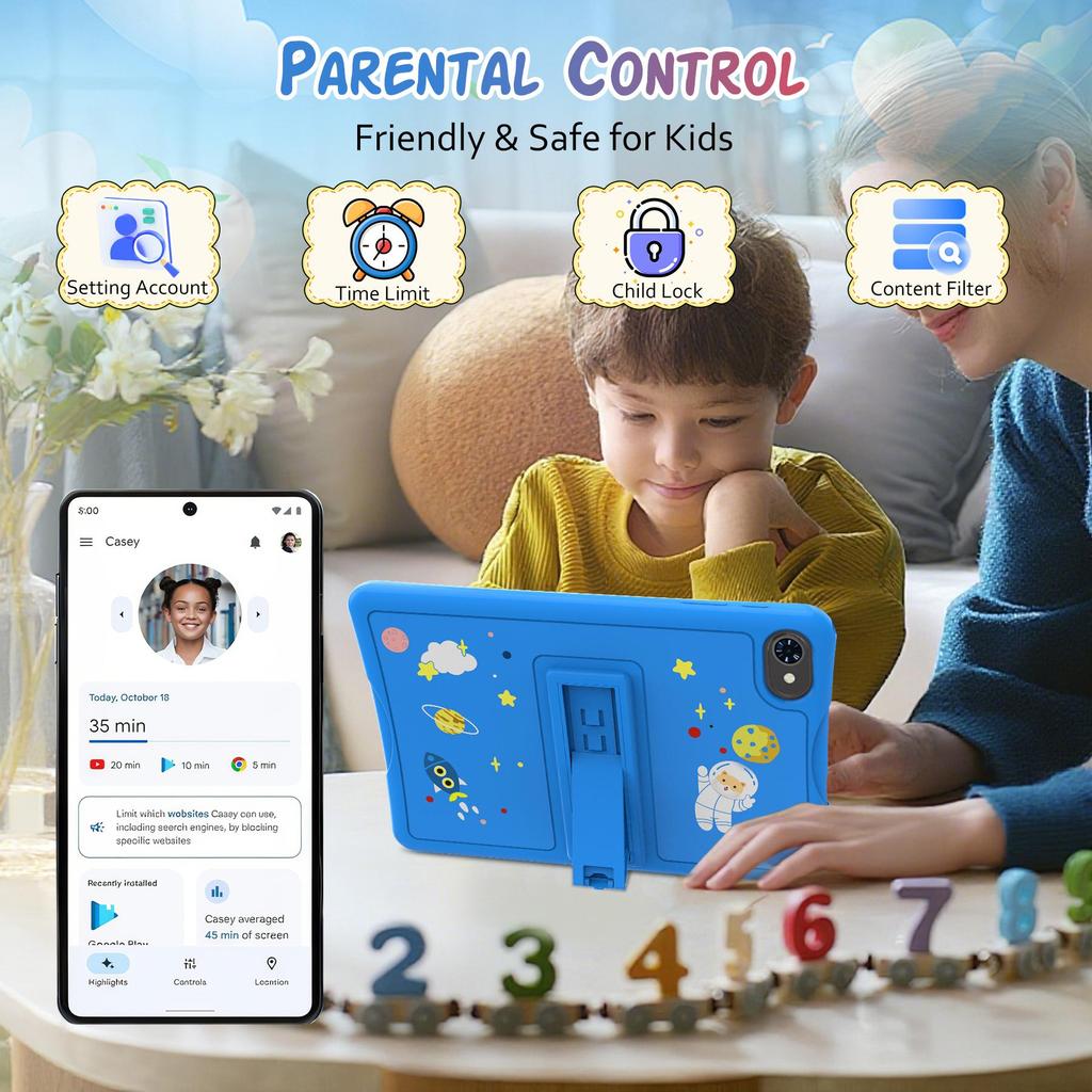 TABWEE K10 10,1-дюймовый планшет для детей Android 15, 4 ГБ ОЗУ 64 ГБ ПЗУ, Большой дисплей Widevide L1, Восьмиядерный RK3562, 5000 мАч, 5G Wi-Fi