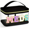Chic waterproof PVC makeup bag with plush Chenille "MEDS" lettered - Portable large capacity travel storage bag with zipper closure for easy cleaning
