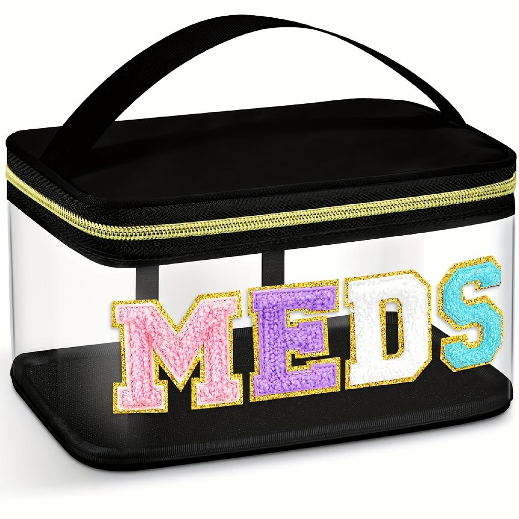 Chic waterproof PVC makeup bag with plush Chenille "MEDS" lettered - Portable large capacity travel storage bag with zipper closure for easy cleaning