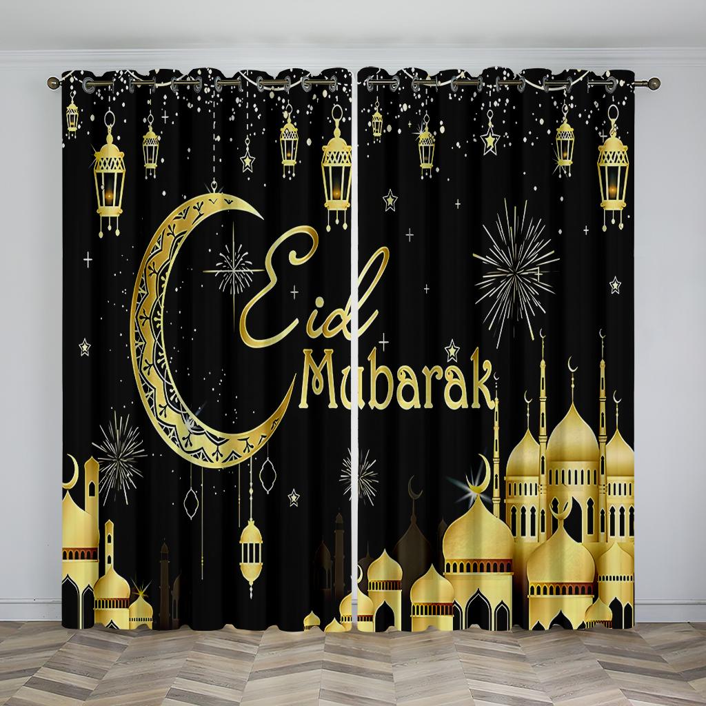 Luxury Eid Al Fitr Home Decor Sun Shade Curtains 2 Panel Islamic Ramadan Festival Curtains Living Room Bedroom Decor Curtains