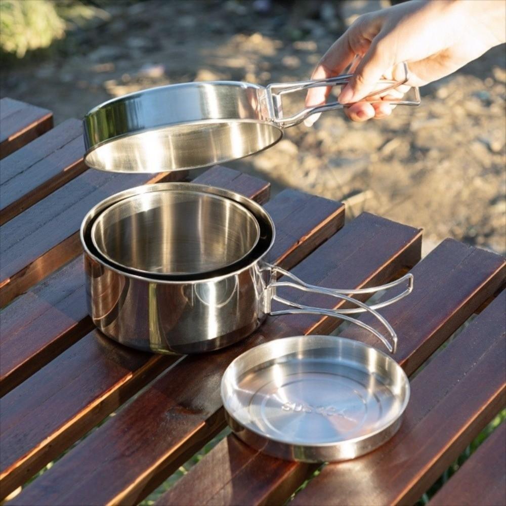 Uncoated Outdoor Frying Pan Set Stainless Steel Picnic Bowl Pot Set Backpacking