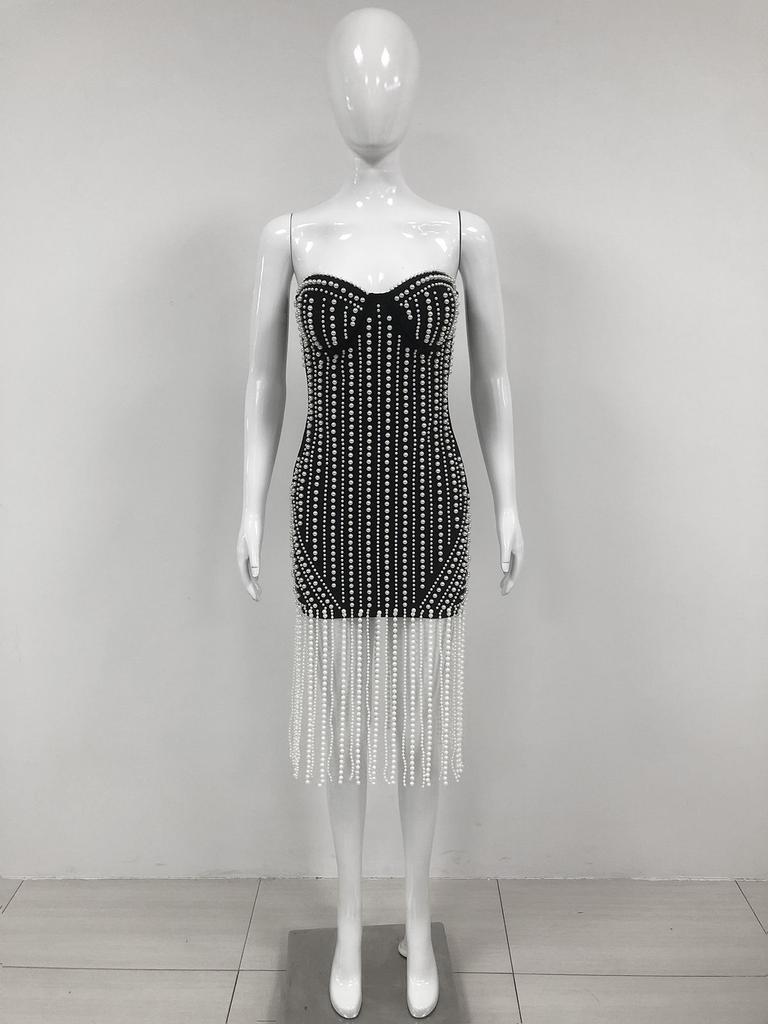 Summer European and American new fashion bandage dress sexy tube top heavy industry beaded short women's dress