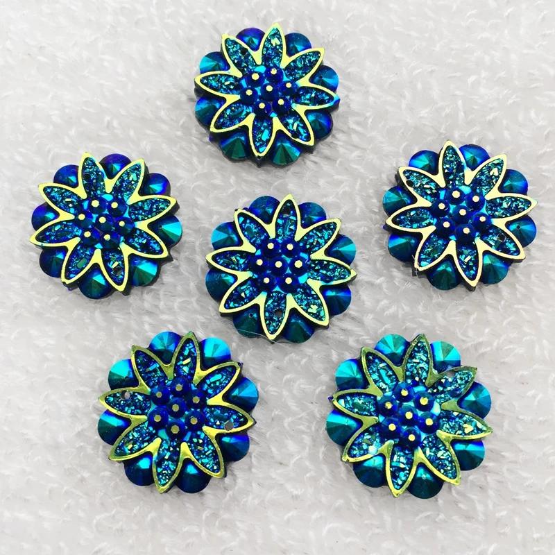 20pcs 18mm Round Flower AB Resin Crystal Strass Applique and 2 Holes Buttons for Diy Clothing - HA27