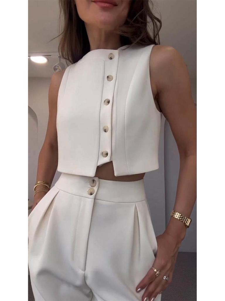 Европейская и американская женская мода весна/лето 2024 Топ без рукавов и укороченные брюки с высокой талией