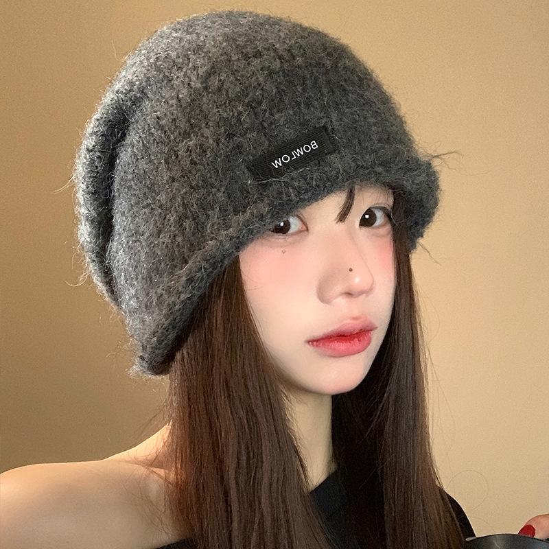 Wool gray crimped knitted stacking hat women's autumn and winter advanced ear protection hat small face warm cold hat