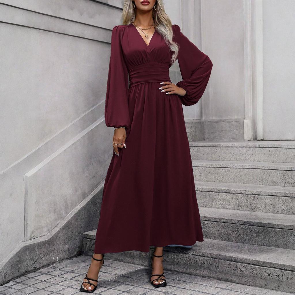 Women's Fashionable Solid Color V-neck Long Sleeved Slit Dress