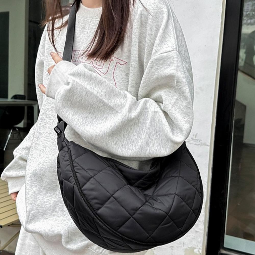 Solid Color Half Moon Bag Quilted Nylon Shoulder Bag Portable Plaid Crossbody Bag Female
