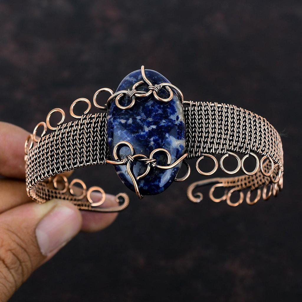Sodalite Cuff Bracelet Copper Wire Wrapped Adjustable Bangle Gemstone Cuff Bracelet Handmade Bangle Copper Designer Jewelry Anniversary Gift