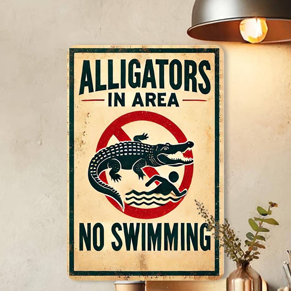 Vintage Alligators In Area No Swimming Metal Tin Sign Retro Florida Wildlife Warning Wall Decor