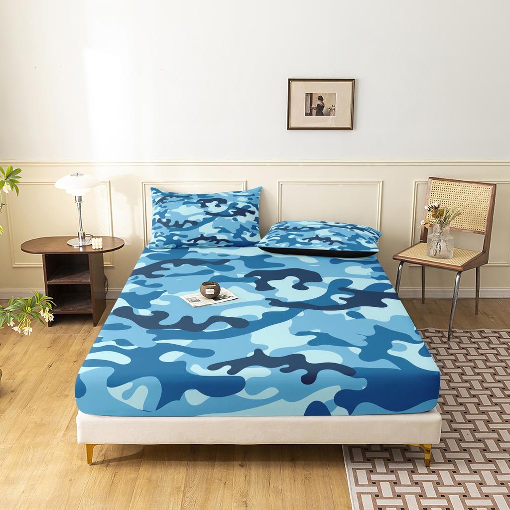 3pcs Vintage Military Camouflage Print Fitted Sheet Set,Ideal For Bedroom And Guest Room, Mattress Protector, Bedding