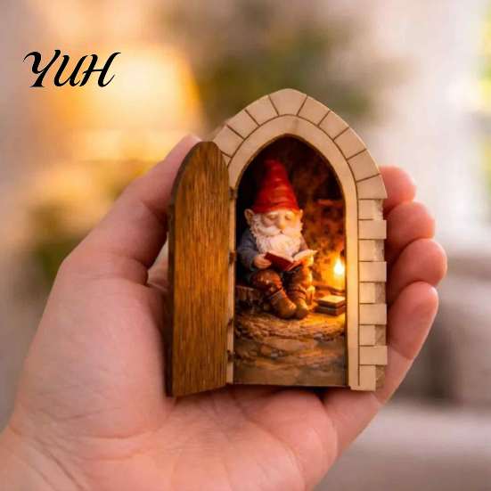 Christmas Holiday Wall Decorations Opening Fairy Door with Hidden Gnome Scene, Miniature Wooden Decor, Small for Baseboards 2D Flat Reading