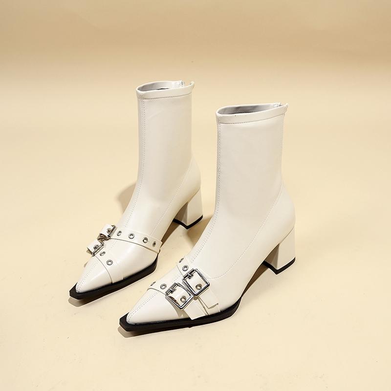 Модные ботильоны на устойчивом каблуке, женские модные ботильоны с острым носком, молнией сзади, заклепками, металлической пряжкой на ремне, нескользящие, на высоком каблуке, короткие ботильоны