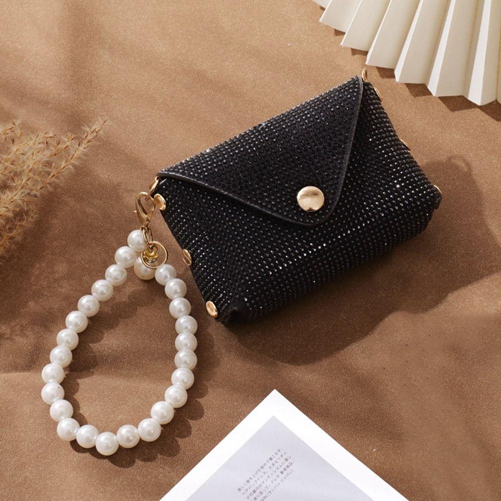 PU Leather Mini Storage Bag With Pearl Lanyard Headphone Bag Portable Rhinestone Coin Purse  Women