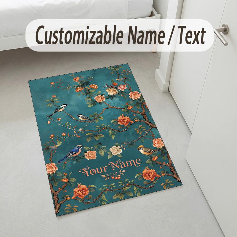 Birds Floral Theme Soft Crystal Velvet Rug Custom Name & Text Print Non Slip Floor Rug for Bedroom Living Room