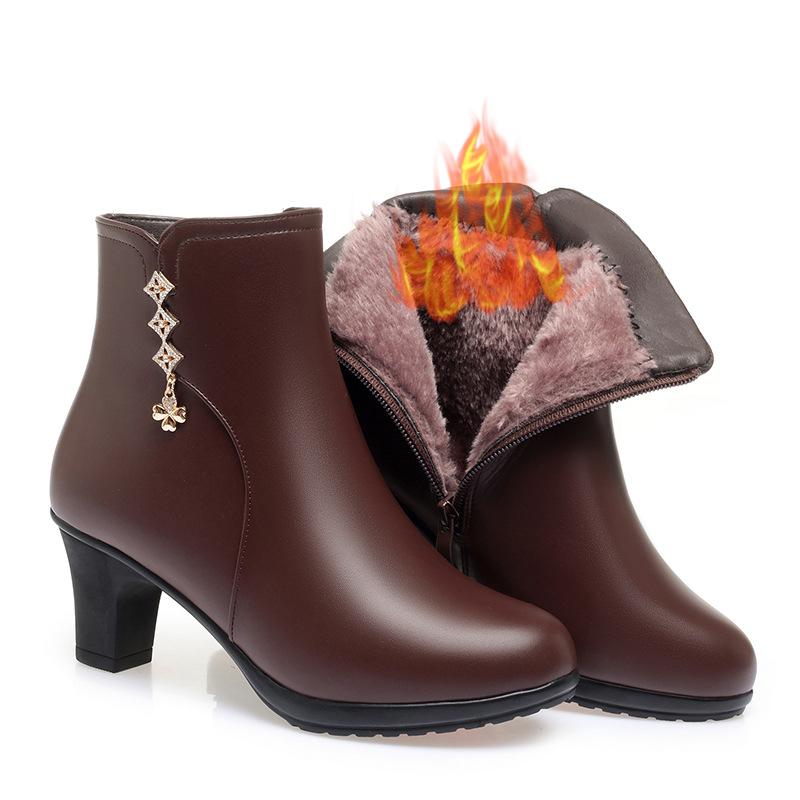 Модные зимние ботильоны женские 2025 натуральная кожа модные теплые с толстым плюшем женские туфли на высоком каблуке платье офисная обувь женские ботильоны