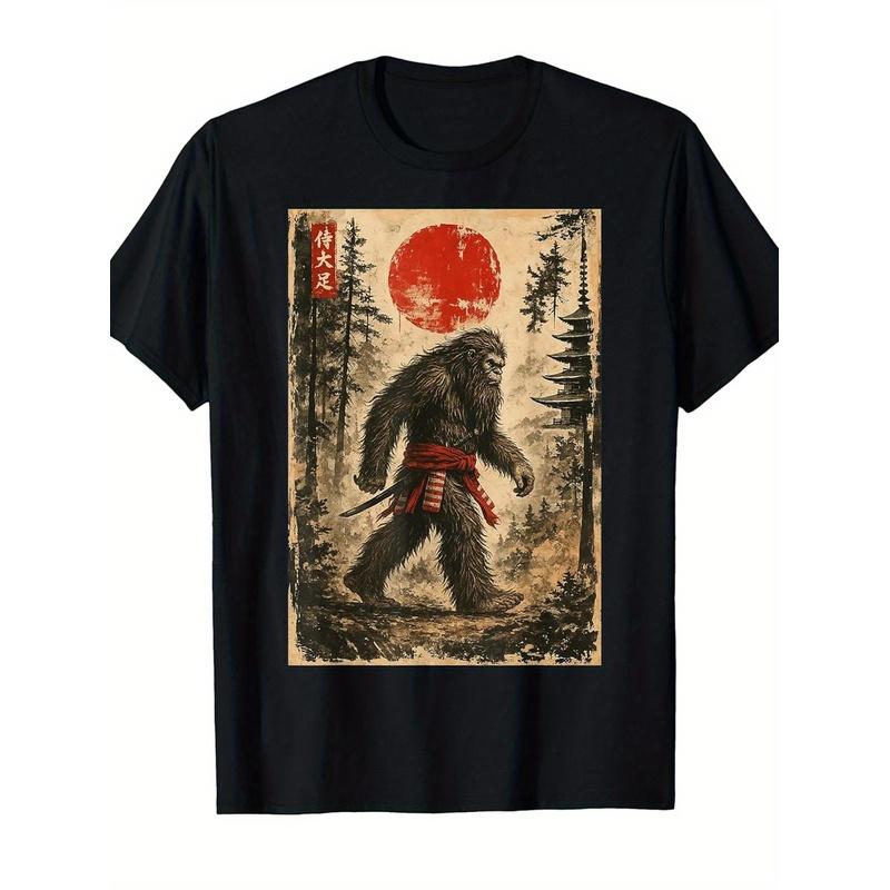 Самурай Бигфут Японская Винтажная Графическая Футболка - Черная Мягкая Футболка с Красным Солнцем, Унисекс Взрослая Повседневная Рубашка для Мужчин и Женщин, Фанаты Криптозоологии -