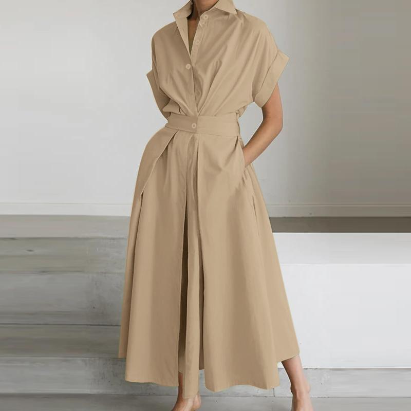 ZANZEA Женское повседневное длинное платье-рубашка с отложным воротником и коротким рукавом