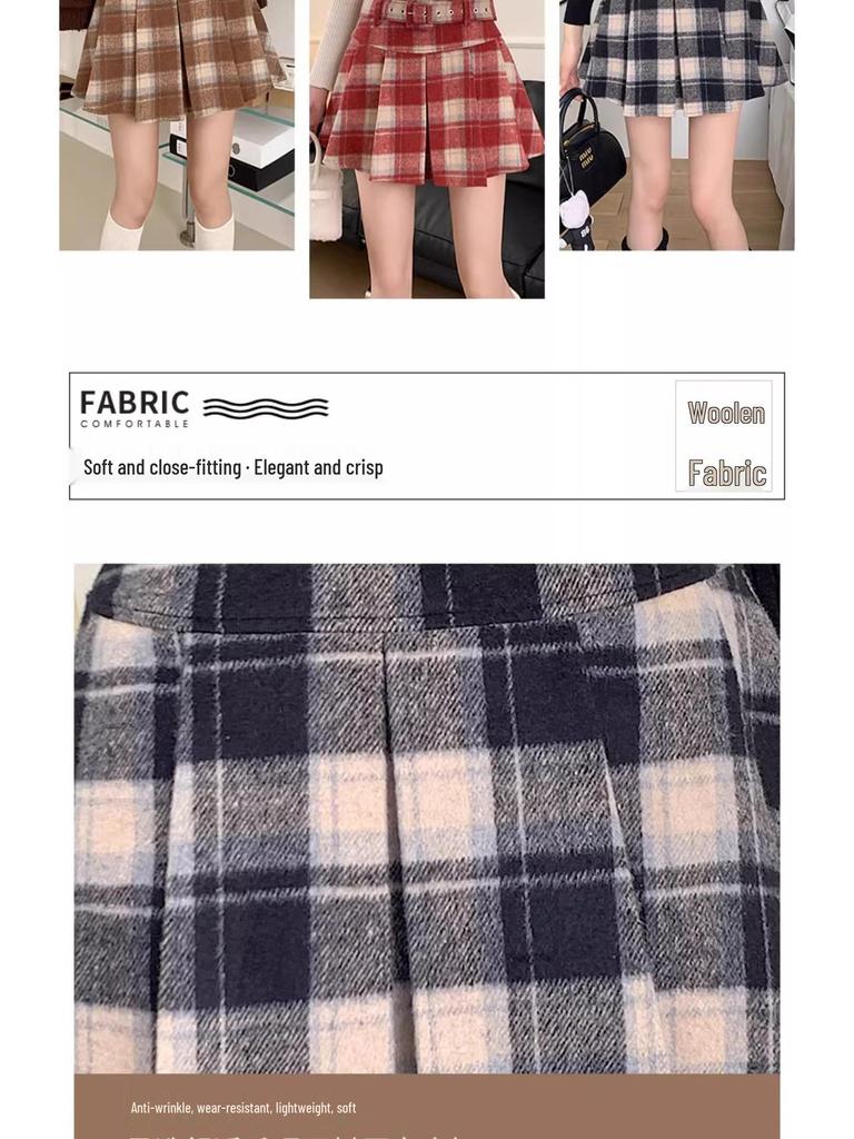 Plus Size Woolen Plaid Pleated Skirt for Women - Retro Red Short Skirt for Chubby Girls, Perfect for Autumn and Winter