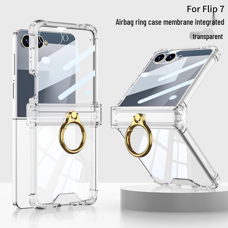 Защитный чехол на шарнир для Samsung zFlip7: Прозрачный чехол-аирбэг с полным покрытием и кольцом-держателем