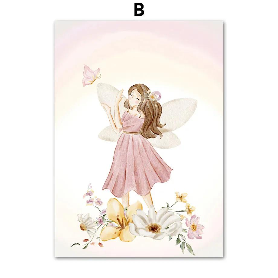 Butterfly Fairy Unicorn Rainbow Flower Custom Name Nursery Wall Art Canvas Painting Poster Print Pictures Baby Kids Room Decor